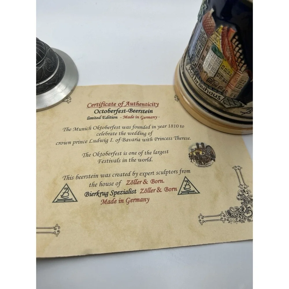 Zöller & Born Oktoberfest Munich Beer Stein LE 1394/5000 Pewter Lid‎ DAMAGED/COA
